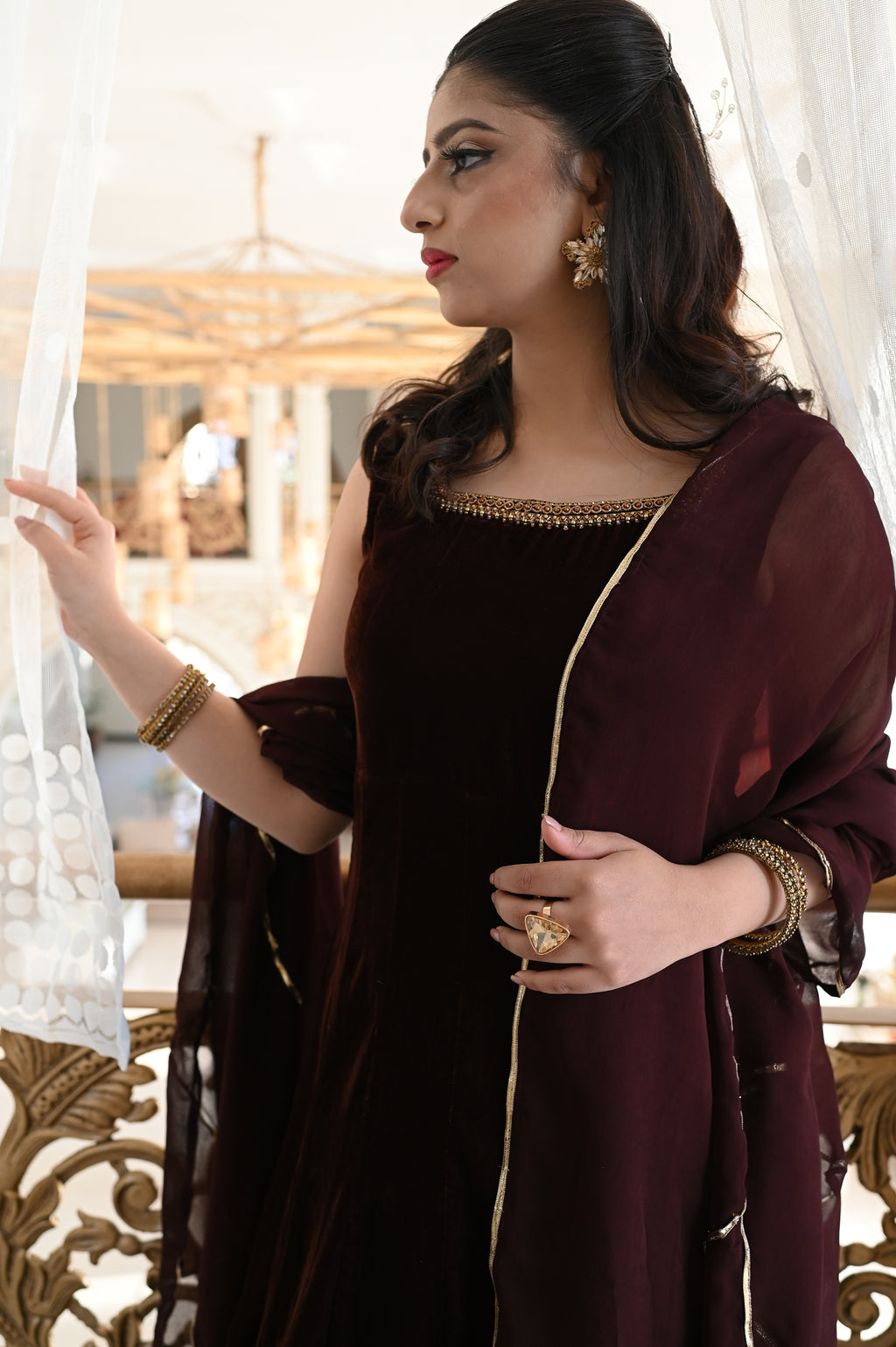 Velvet Mocha Majesty – Brown Velvet Anarkali with Gold Handwork