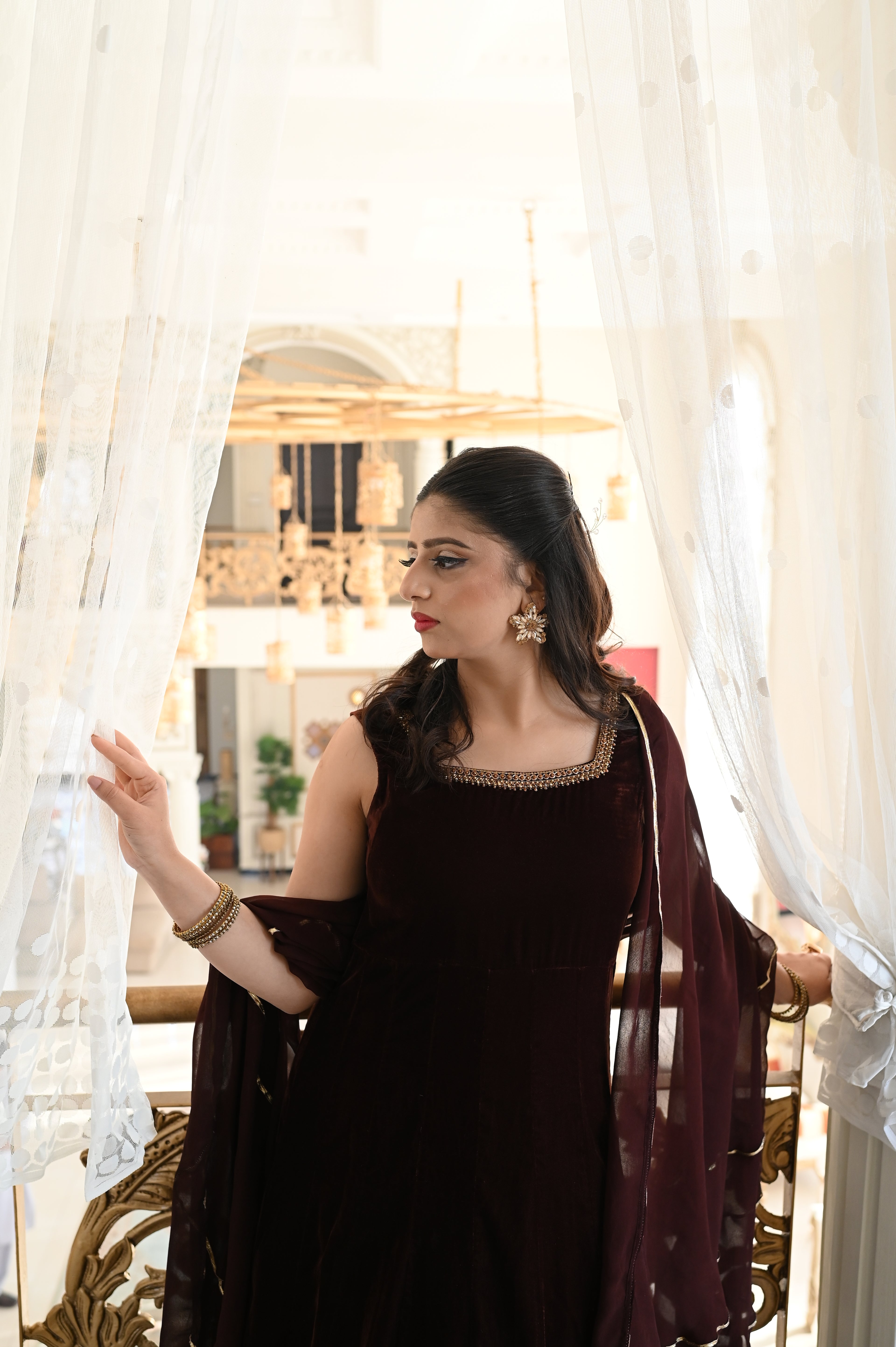 Velvet Mocha Majesty – Brown Velvet Anarkali with Gold Handwork