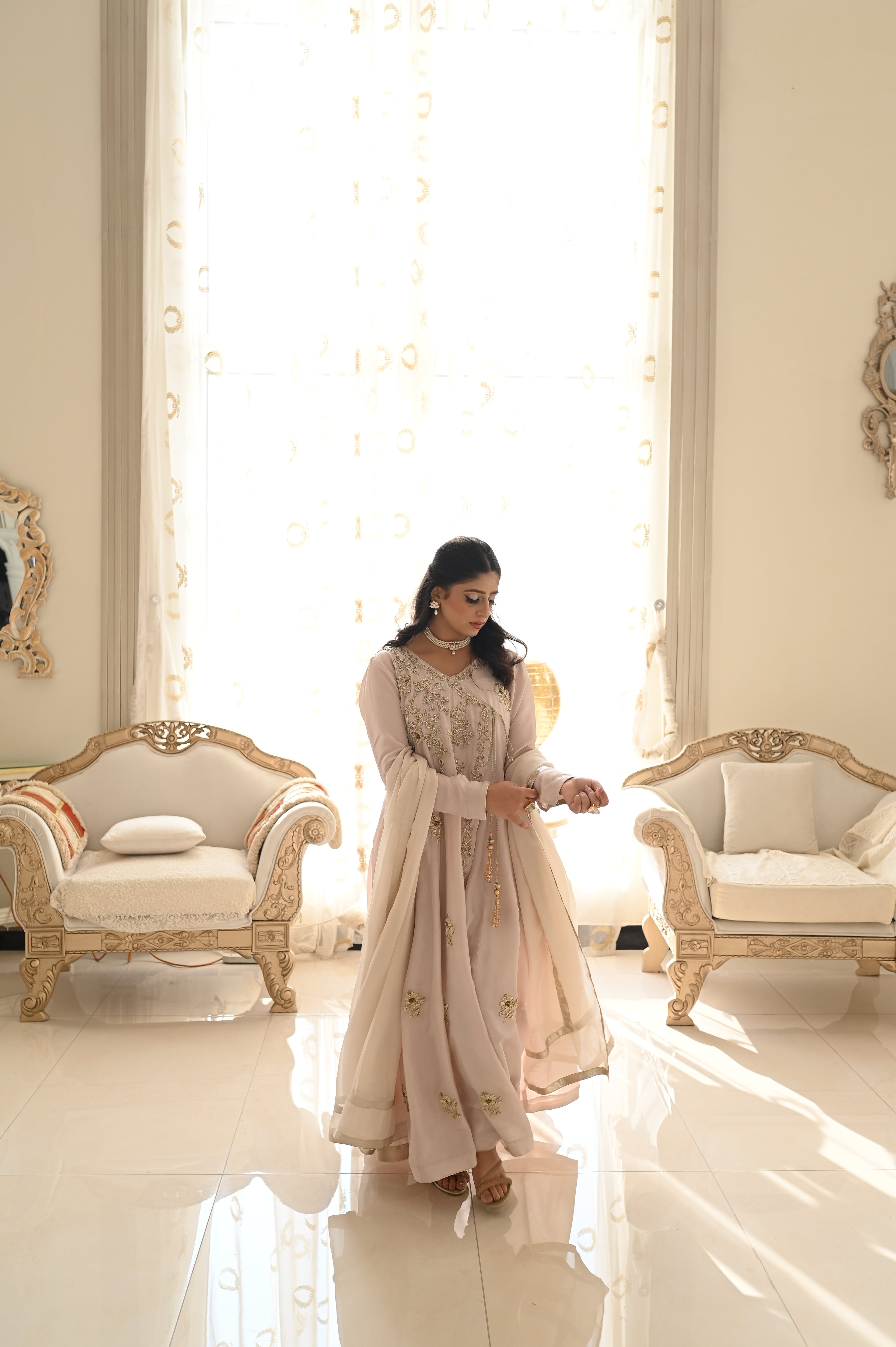 Mist Elegance – Grey Angarkha-Style Anarkali with Heavy Embellishments