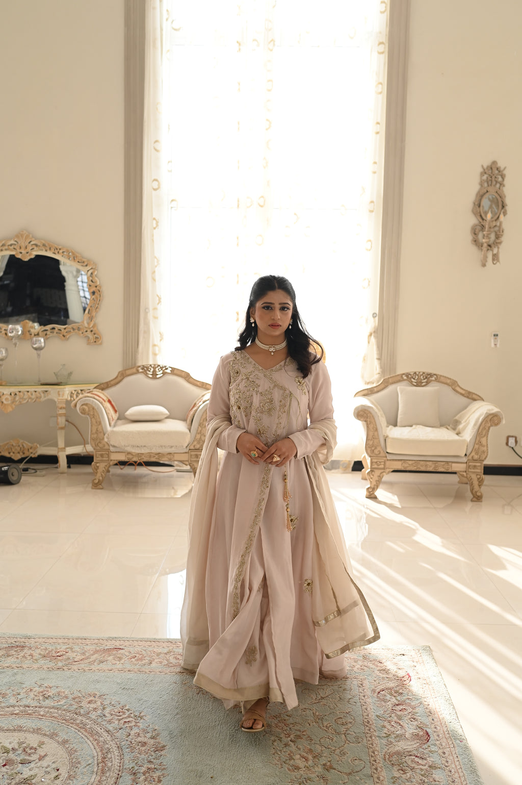 Mist Elegance – Grey Angarkha-Style Anarkali with Heavy Embellishments