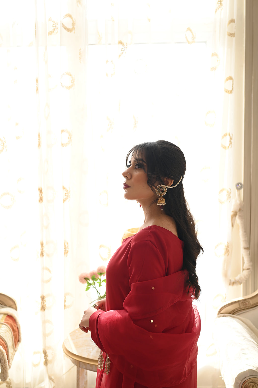 Crimson Allure – Embellished Long Kameez with Organza Dupatta