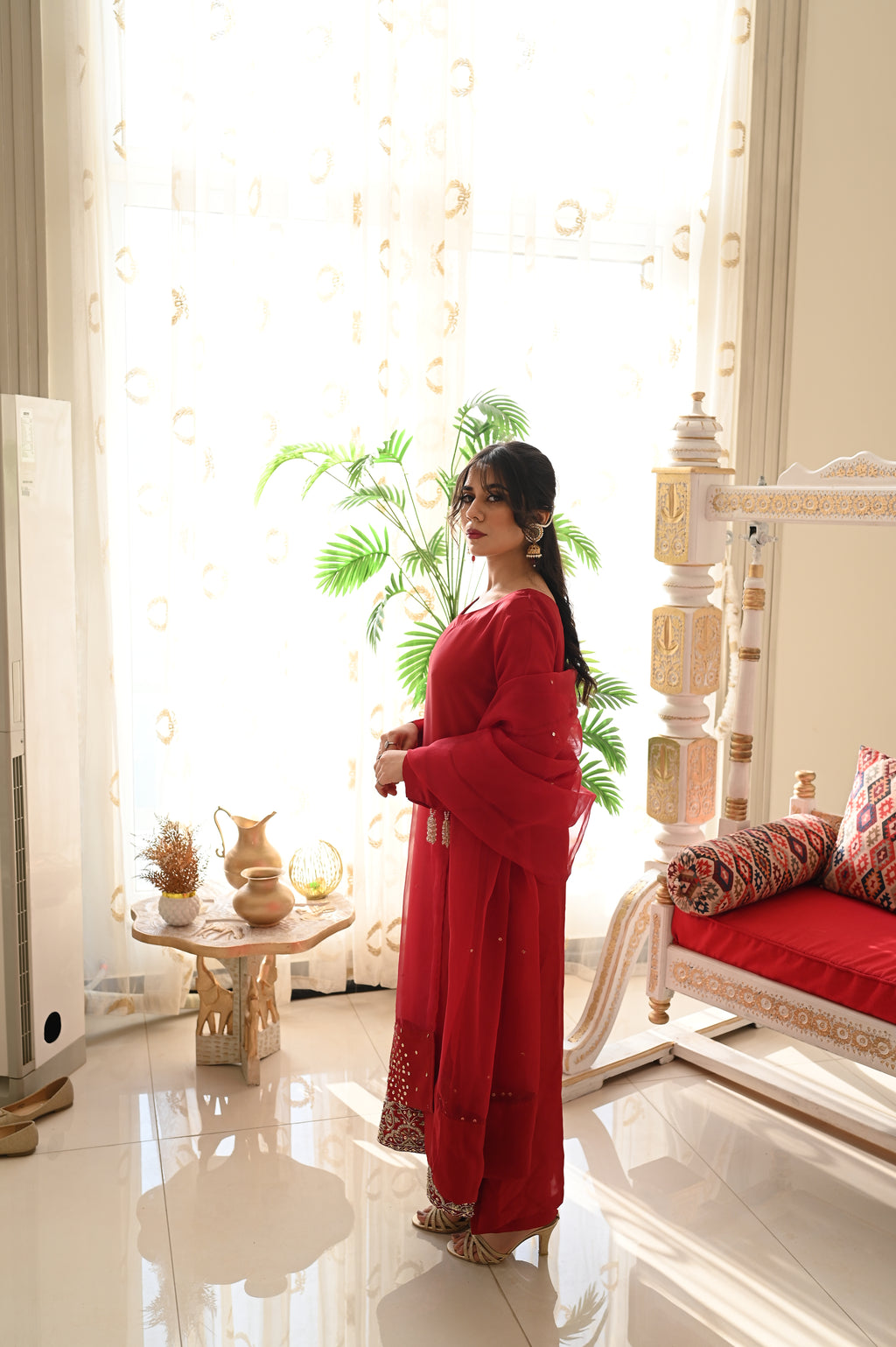 Crimson Allure – Embellished Long Kameez with Organza Dupatta