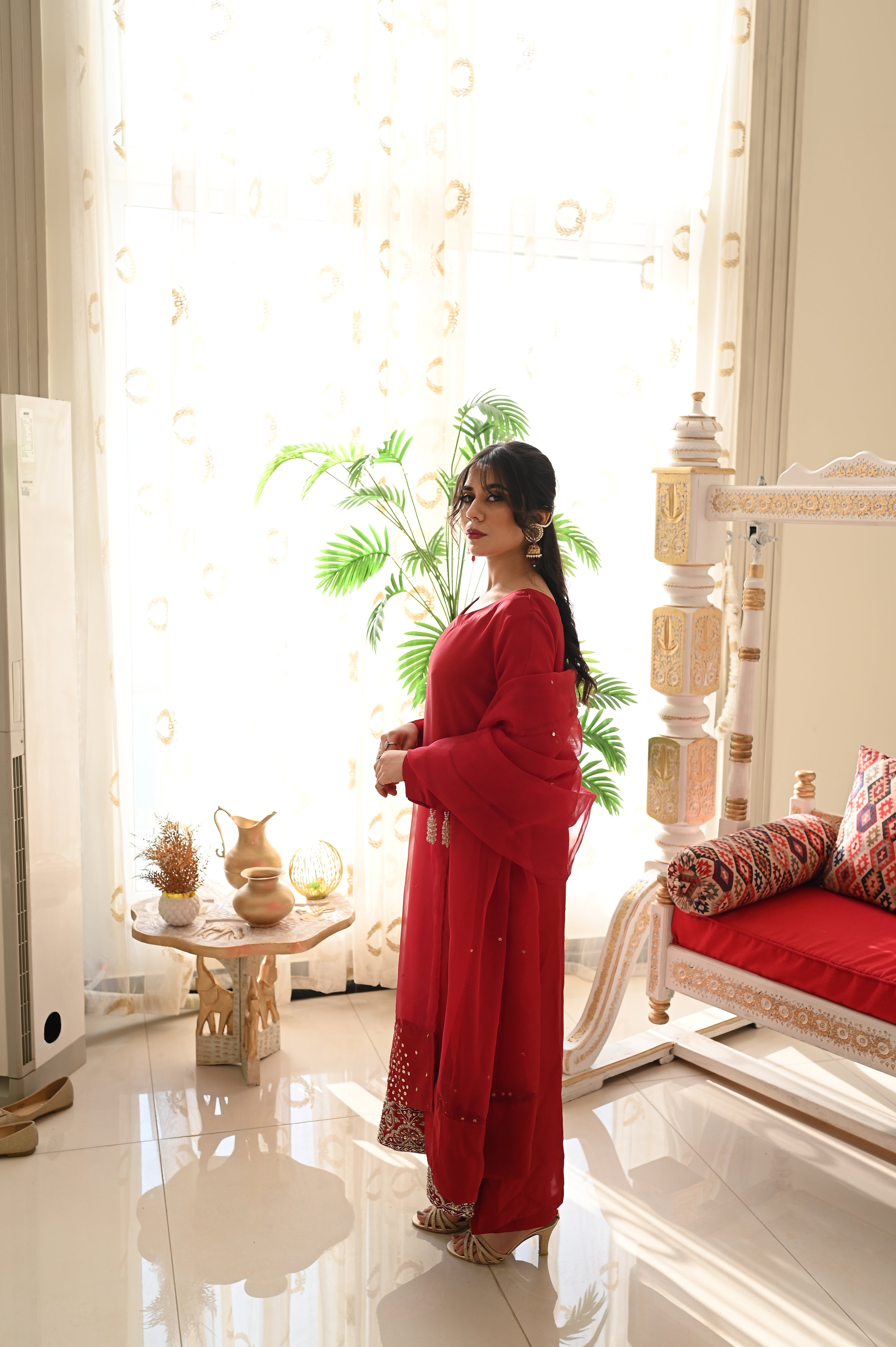 Crimson Allure – Embellished Long Kameez with Organza Dupatta