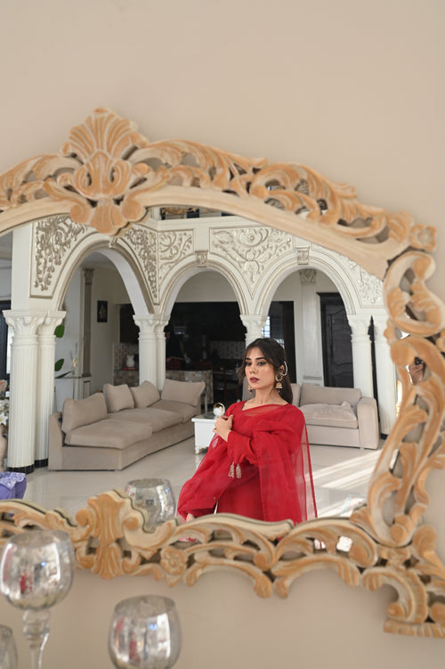 Crimson Allure – Embellished Long Kameez with Organza Dupatta