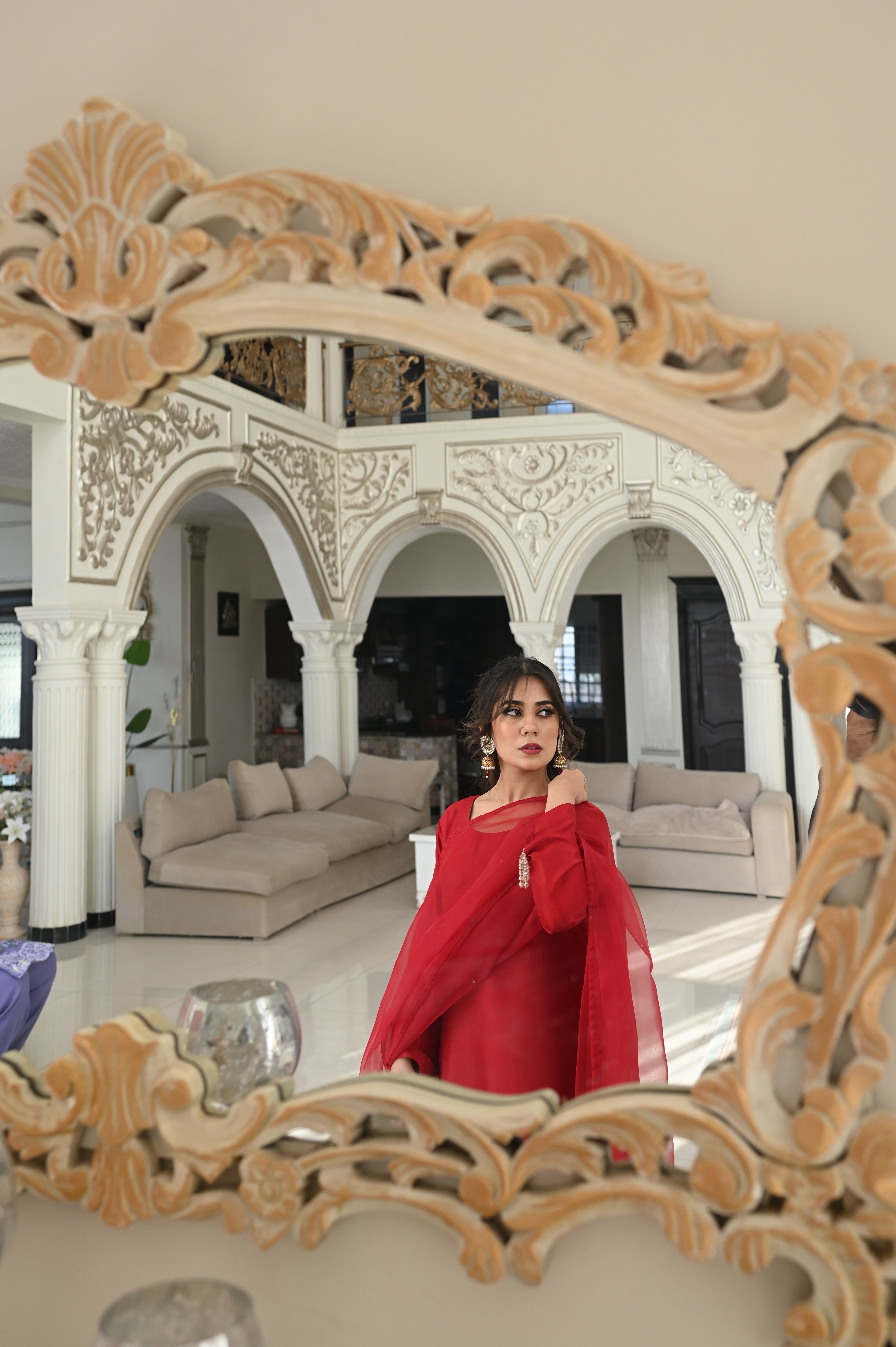 Crimson Allure – Embellished Long Kameez with Organza Dupatta