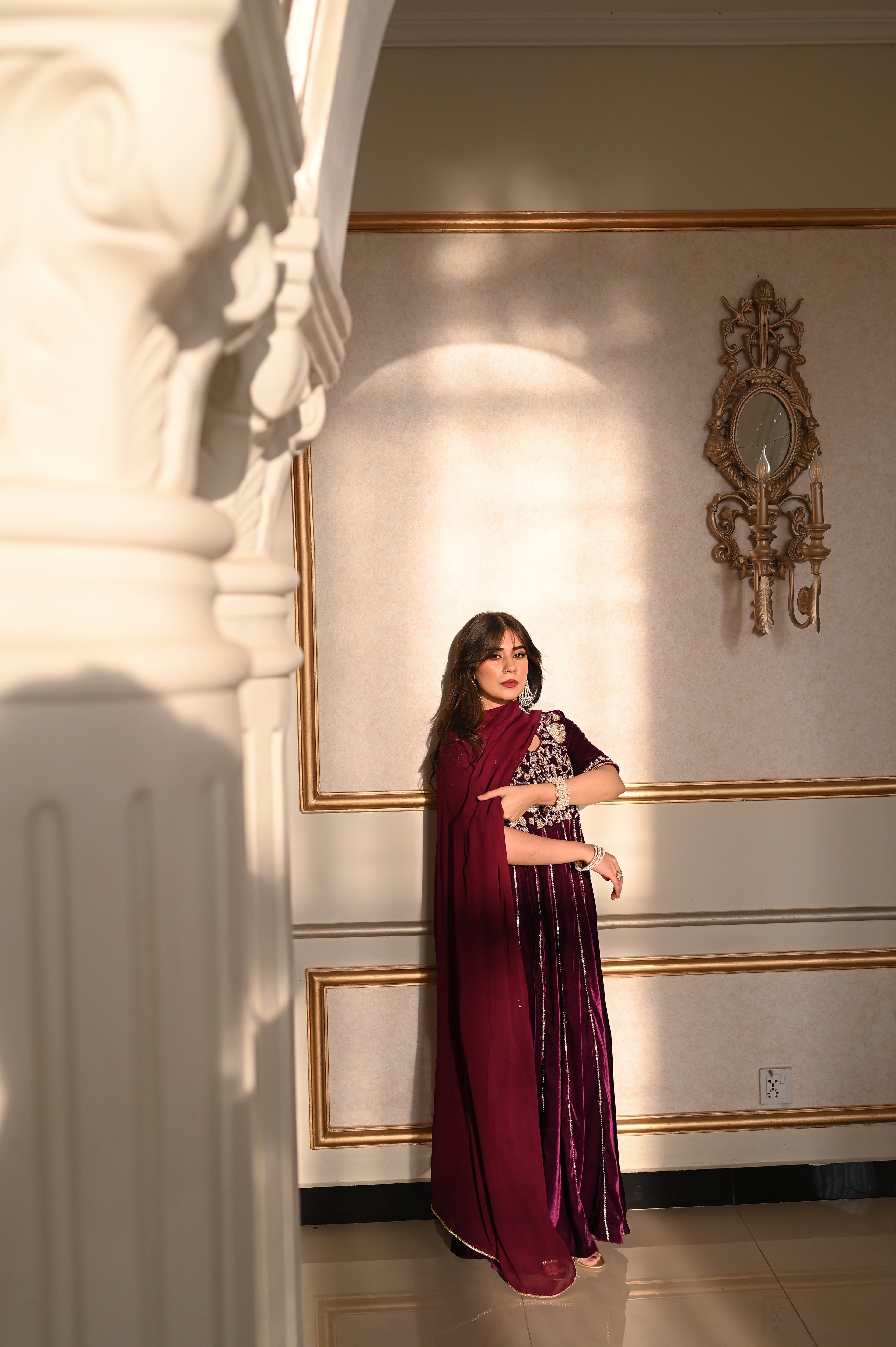 Midnight Merlot Whirl – Magenta Anarkali with Kamdani Handwork