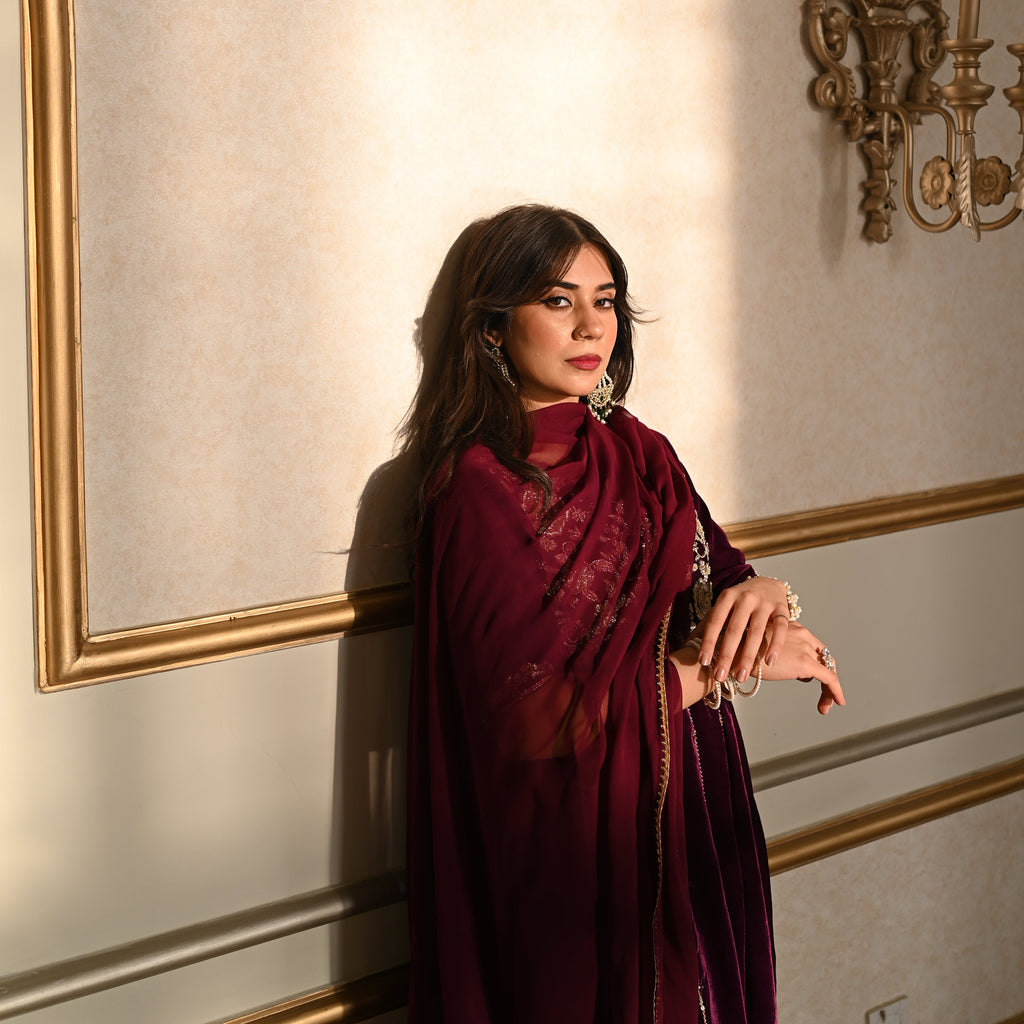 Midnight Merlot Whirl – Magenta Anarkali with Kamdani Handwork