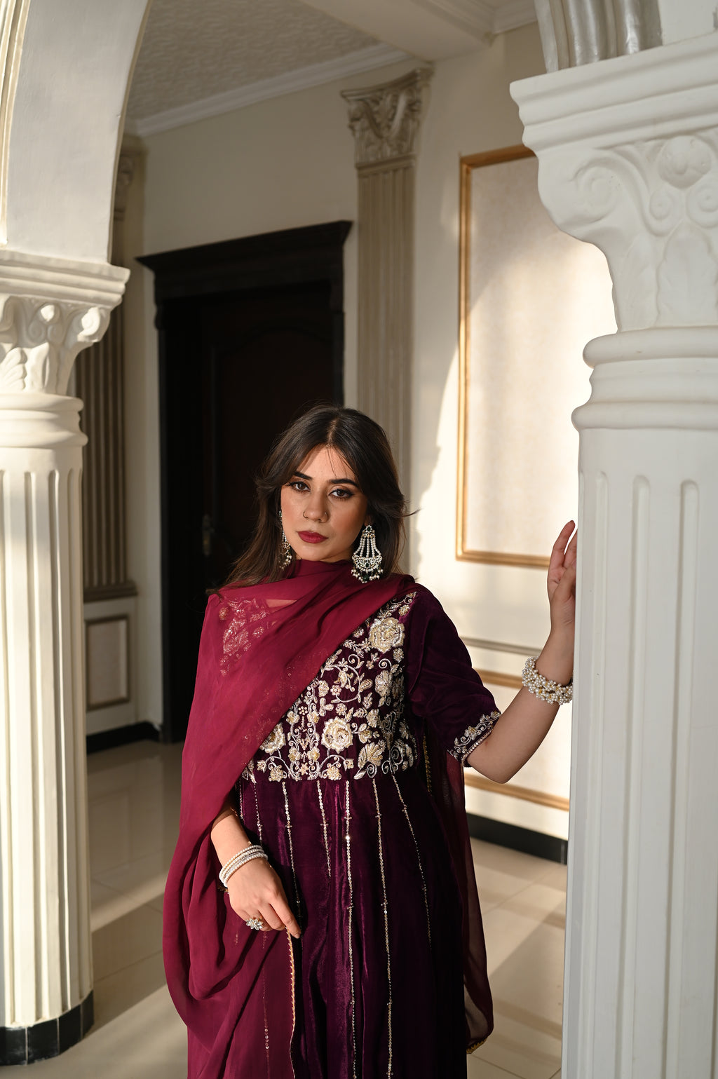 Midnight Merlot Whirl – Magenta Anarkali with Kamdani Handwork