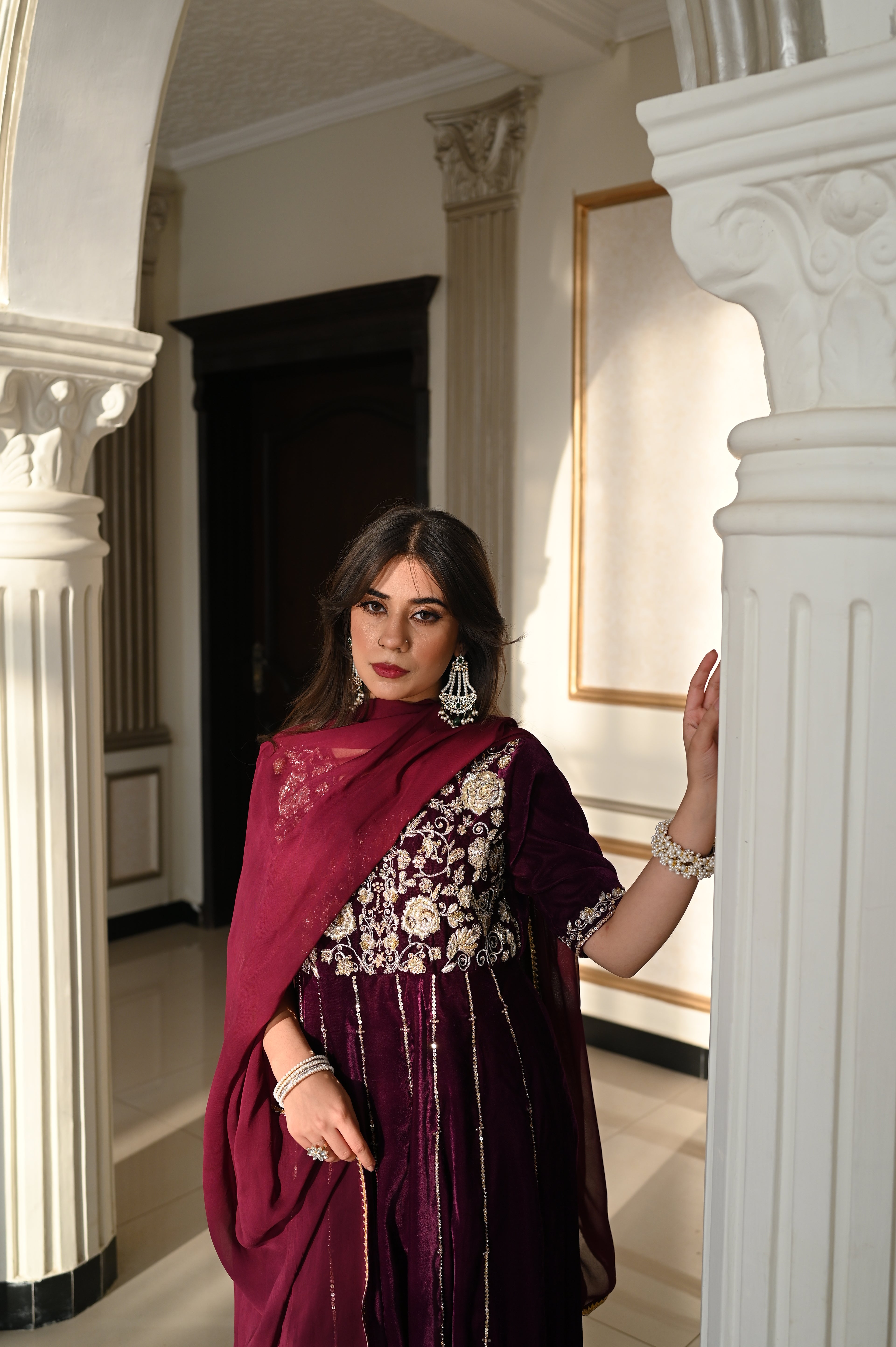 Midnight Merlot Whirl – Magenta Anarkali with Kamdani Handwork