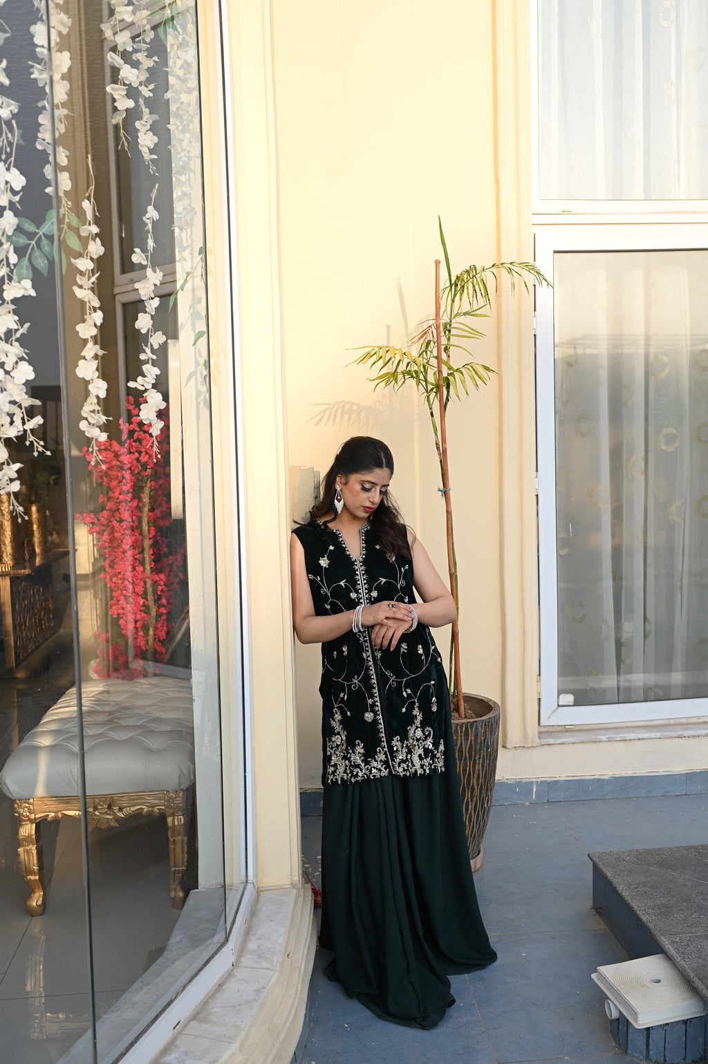 Emerald Muse – Velvet Zardozi Jacket with Crepe Sarong Skirt