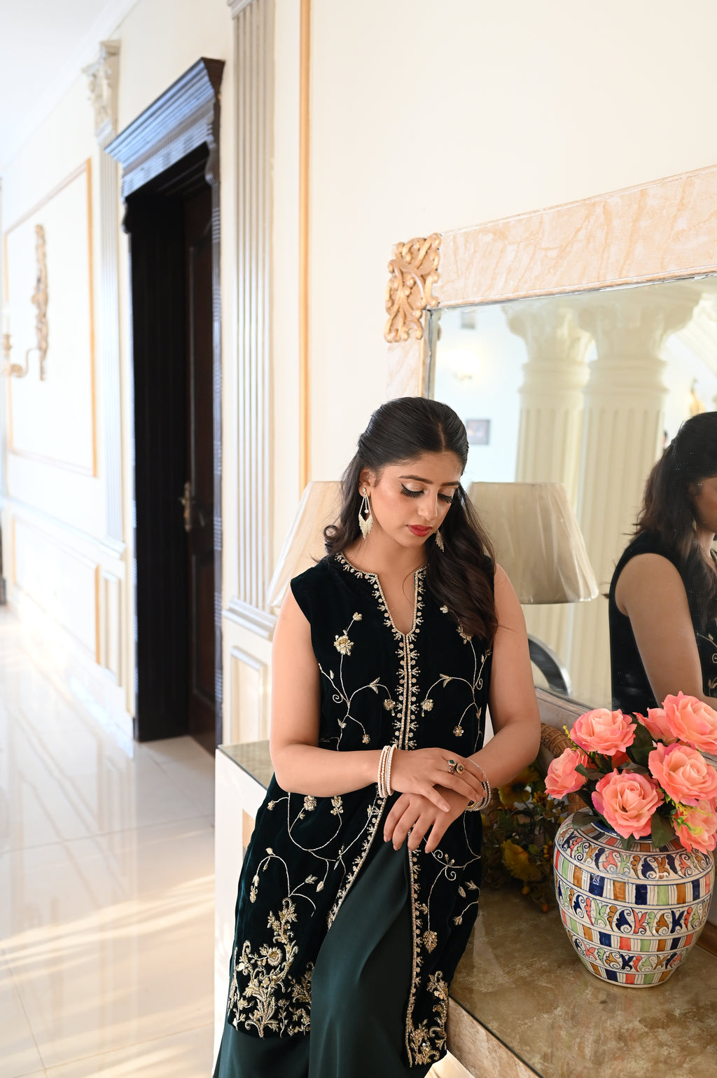 Emerald Muse – Velvet Zardozi Jacket with Crepe Sarong Skirt