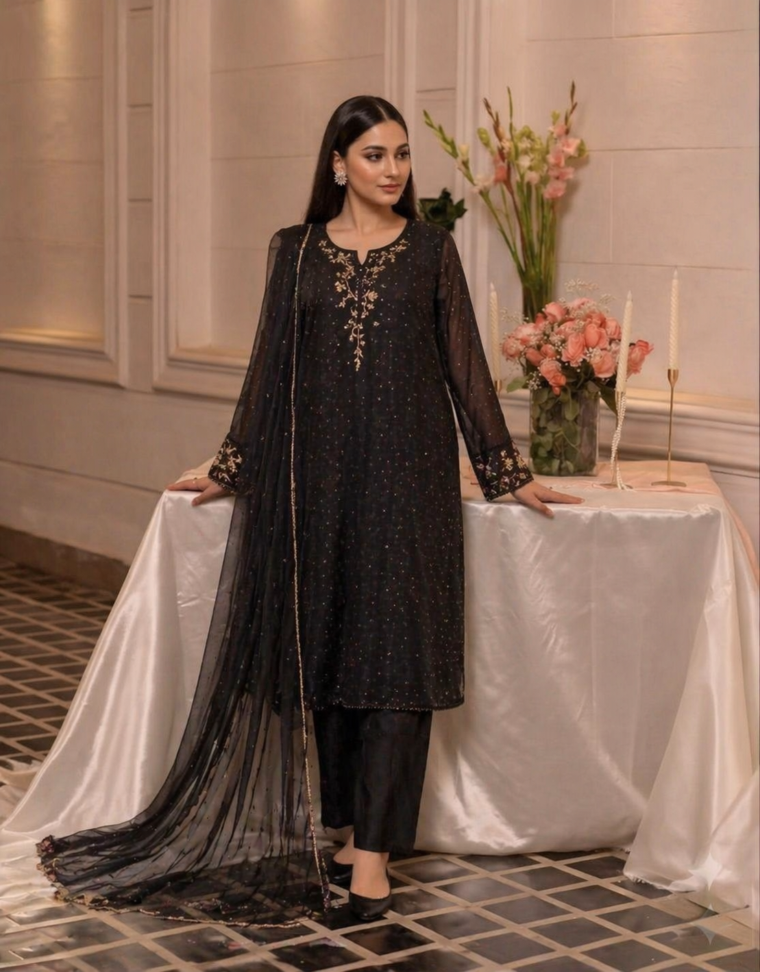 Black Embroidered Chiffon 3-Piece Suit | Formal Pakistani Wear | Gold Zari Work