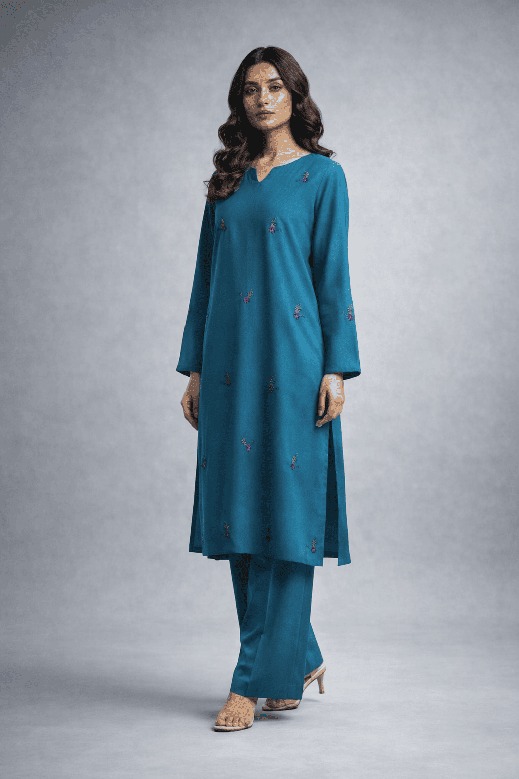 Teal blue embroidered kurta set for women by ISMARA, premium Pakistani winter pret wear with straight trousers, soft fabric and delicate floral motifs