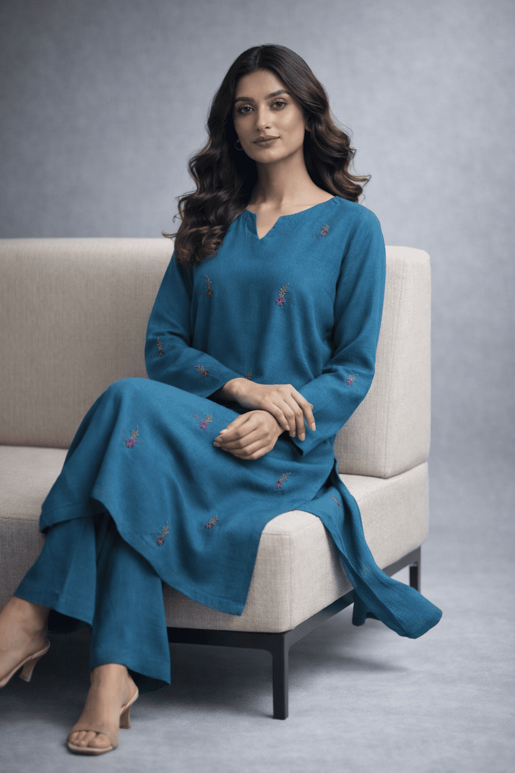 Teal blue embroidered kurta set with trousers – Pakistani winter pret by ISMARA