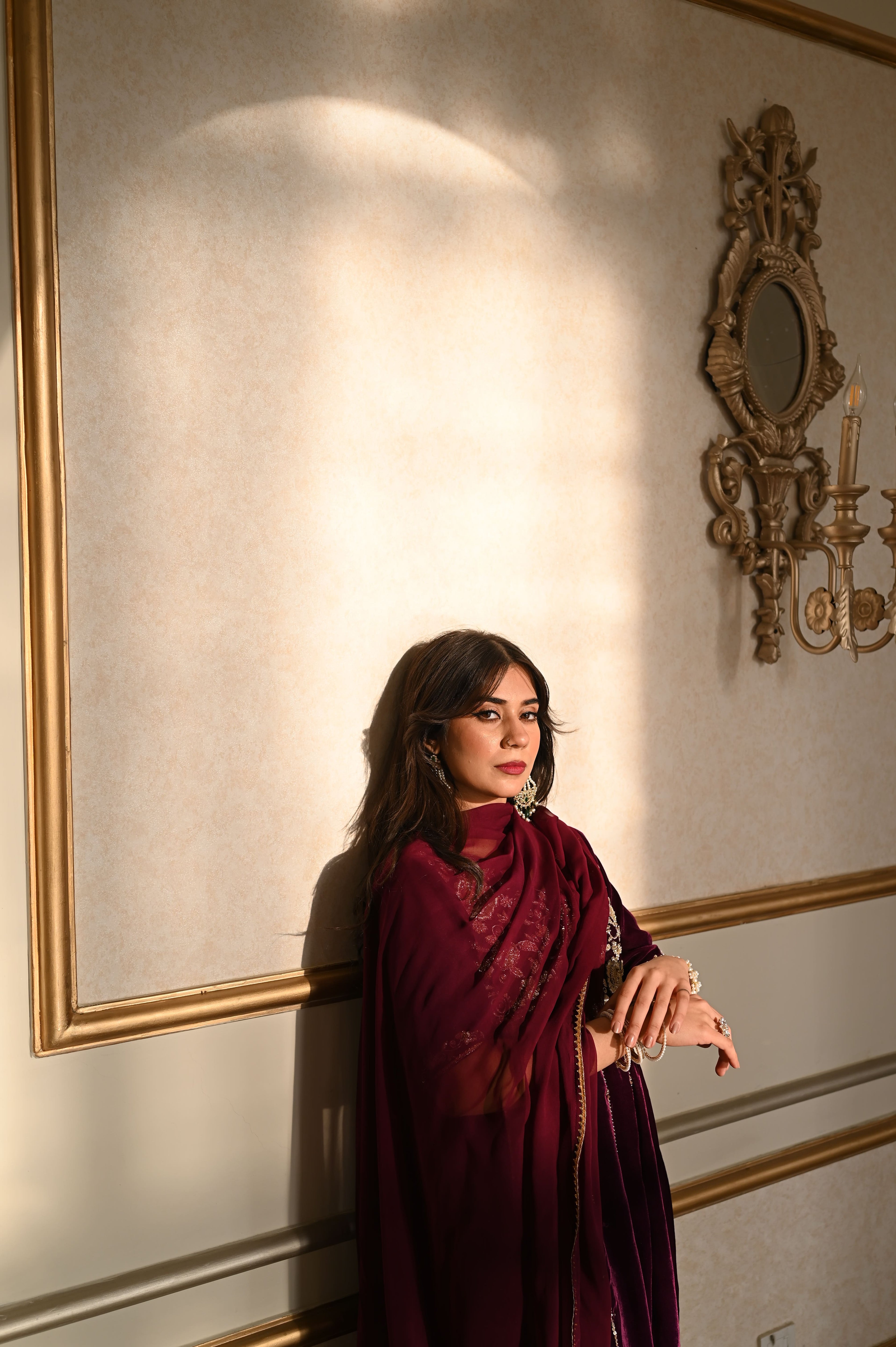 Deep maroon embroidered formal dress for women Pakistan