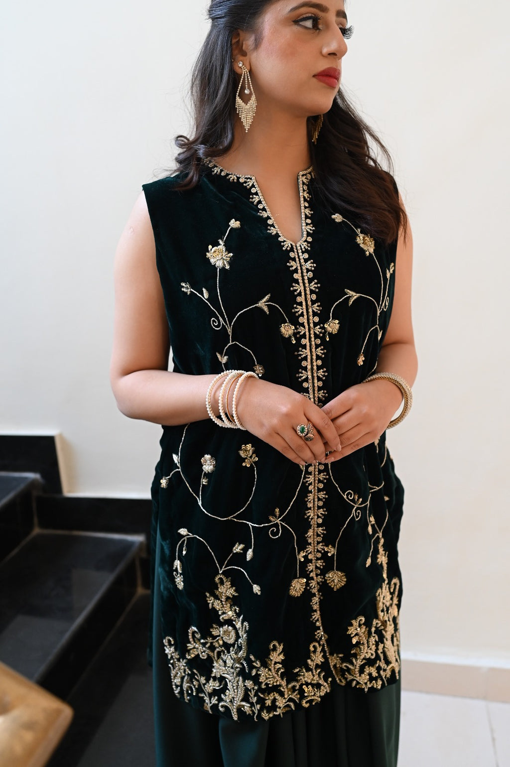 Emerald Muse – Velvet Zardozi Jacket with Crepe Sarong Skirt