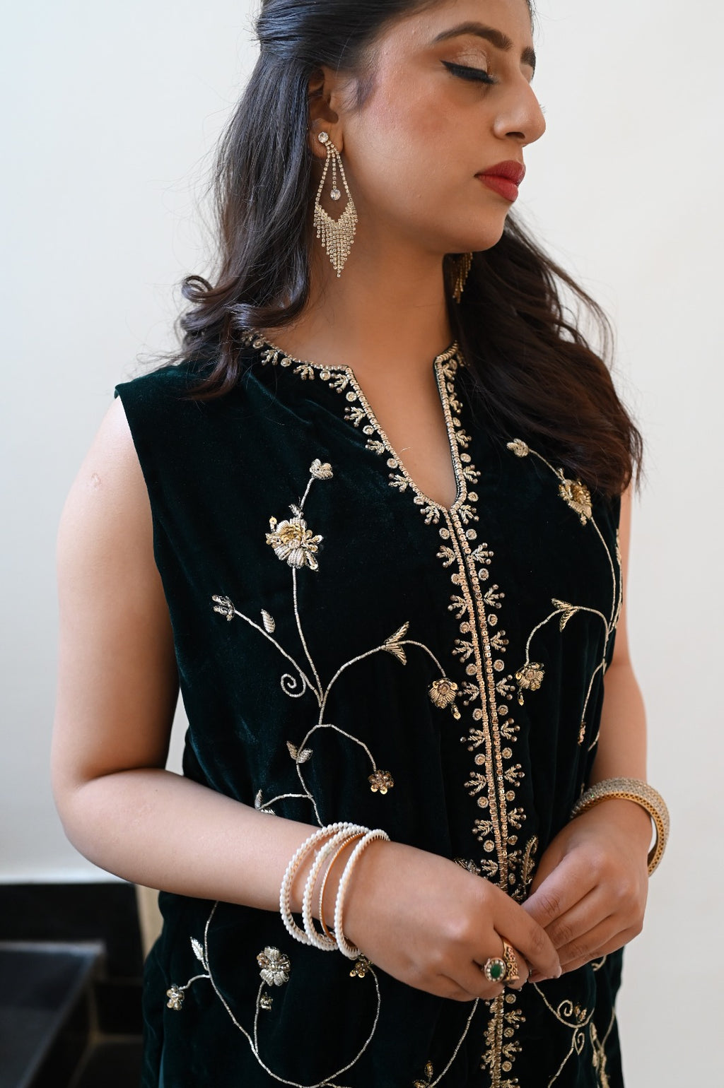 Emerald Muse – Velvet Zardozi Jacket with Crepe Sarong Skirt