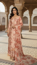 Peach Floral Printed Chiffon Suit with Embroidered Neckline – Elegant Pakistani Formal Wear
