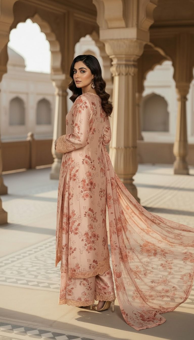 Peach Floral Printed Chiffon Suit with Embroidered Neckline – Elegant Pakistani Formal Wear