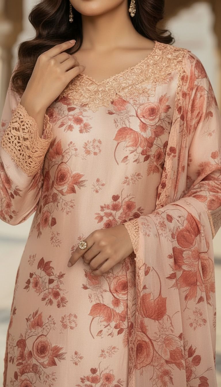 Peach Floral Printed Chiffon Suit with Embroidered Neckline – Elegant Pakistani Formal Wear