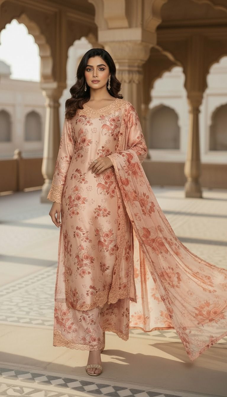 Peach Floral Printed Chiffon Suit with Embroidered Neckline – Elegant Pakistani Formal Wear