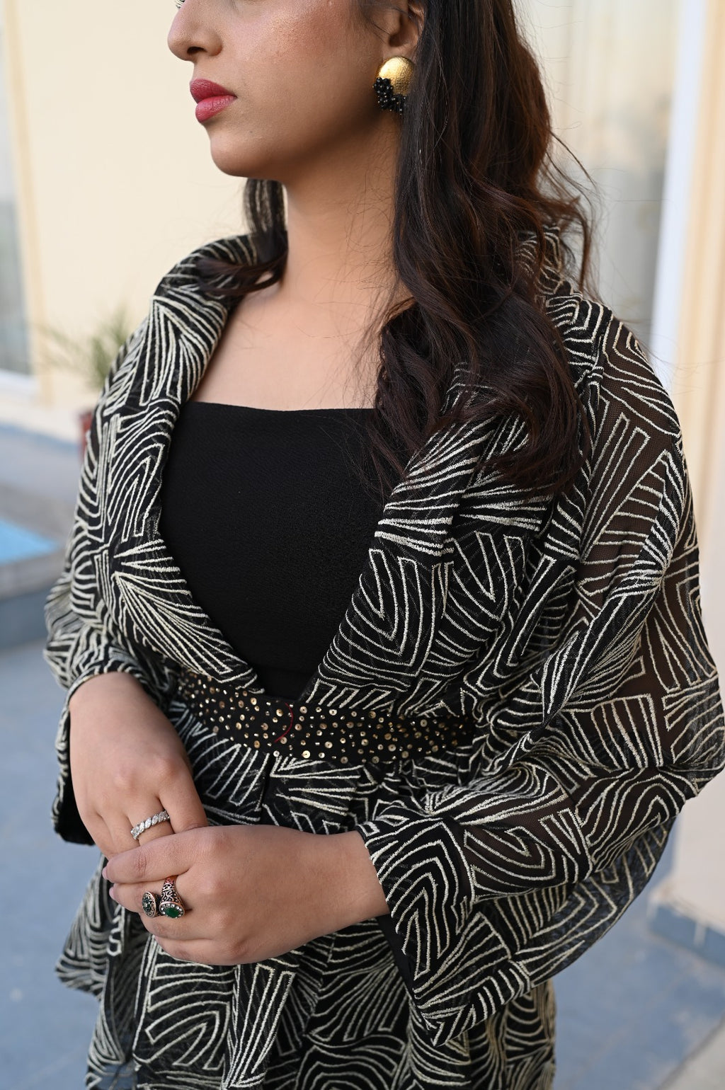 Noir Majesty – Contemporary Black Jumpsuit with Cape & Embellished Belt