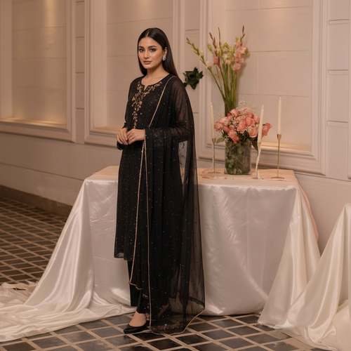 Black Embroidered Chiffon 3-Piece Suit | Formal Pakistani Wear | Gold Zari Work