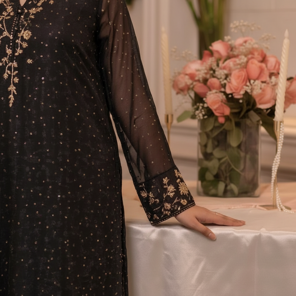 Black Embroidered Chiffon 3-Piece Suit | Formal Pakistani Wear | Gold Zari Work