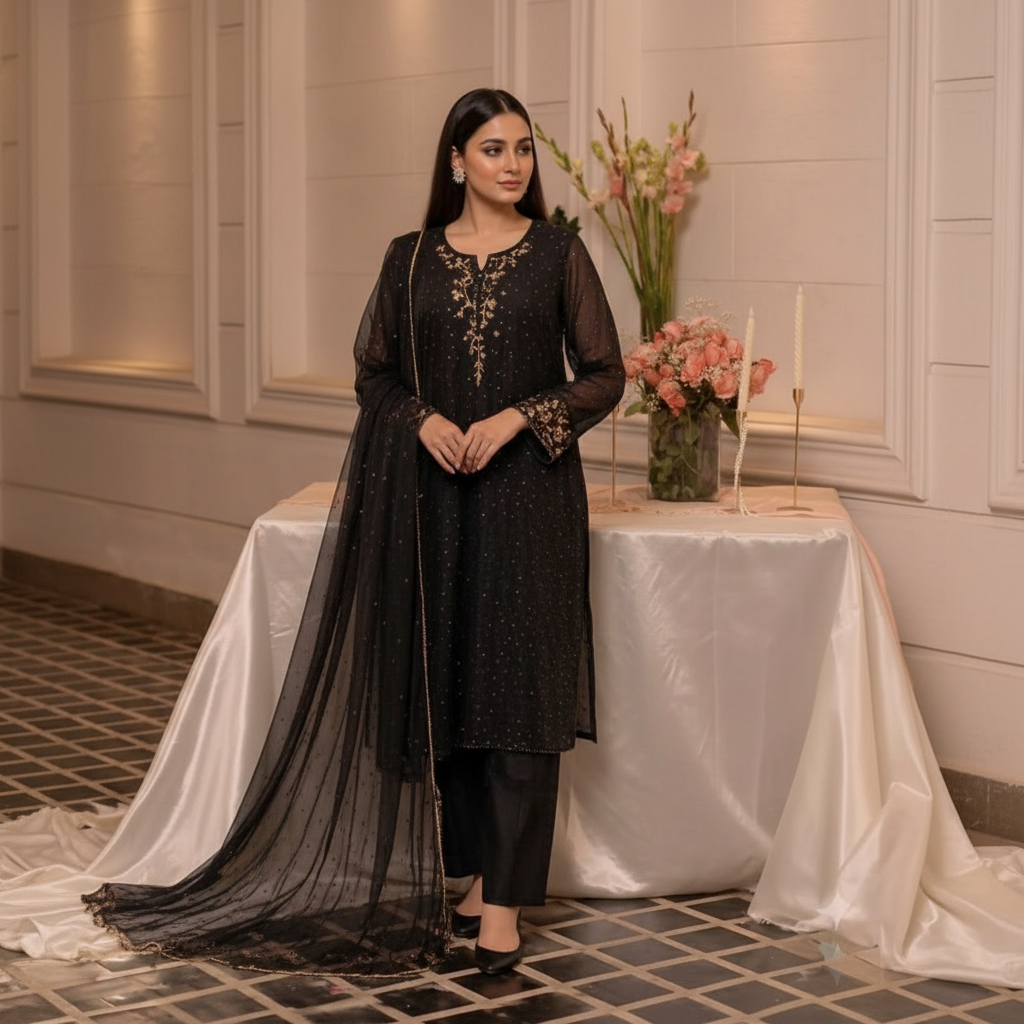Black Embroidered Chiffon 3-Piece Suit | Formal Pakistani Wear | Gold Zari Work