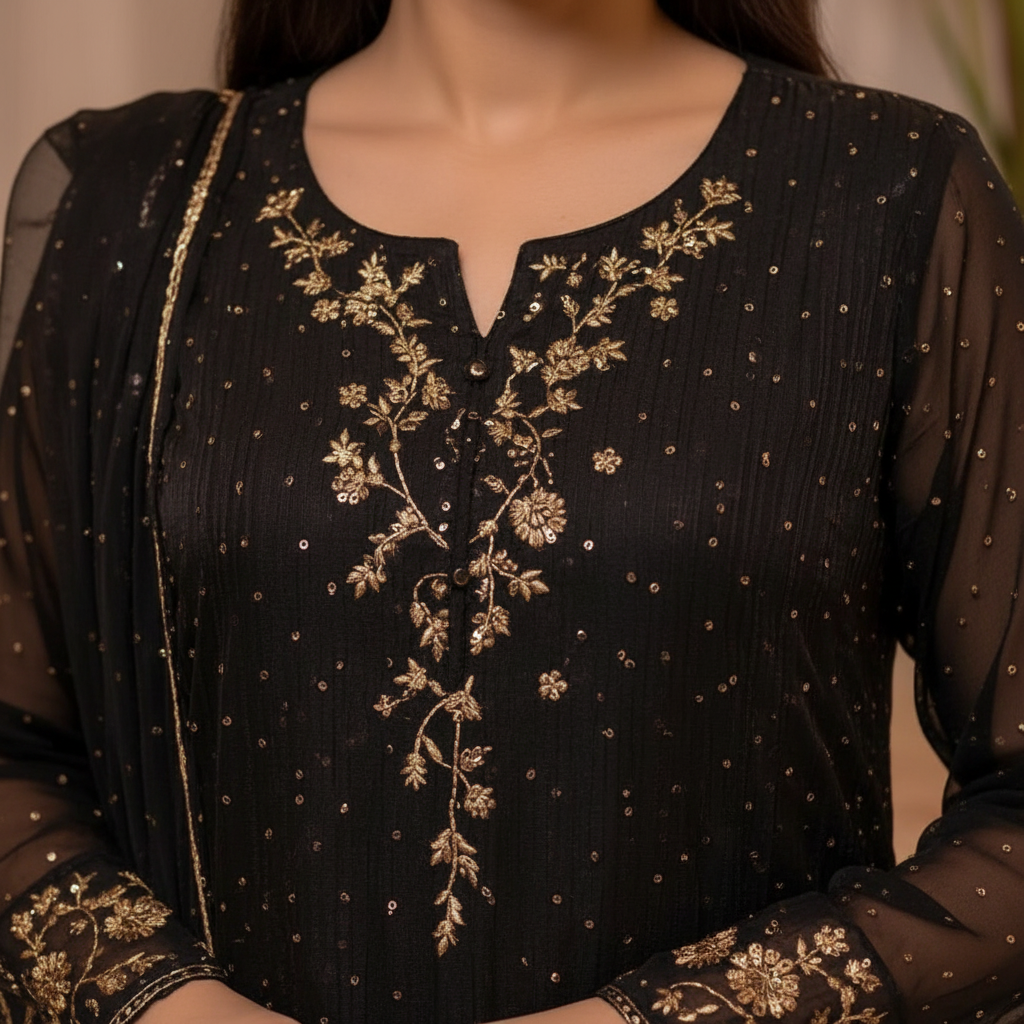Black Embroidered Chiffon 3-Piece Suit | Formal Pakistani Wear | Gold Zari Work
